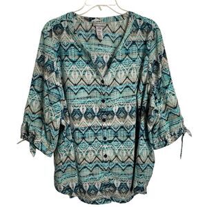Catherines Womens Popover Blouse 2XWP Blue Abstract 3/4 Sleeve Tie Accent